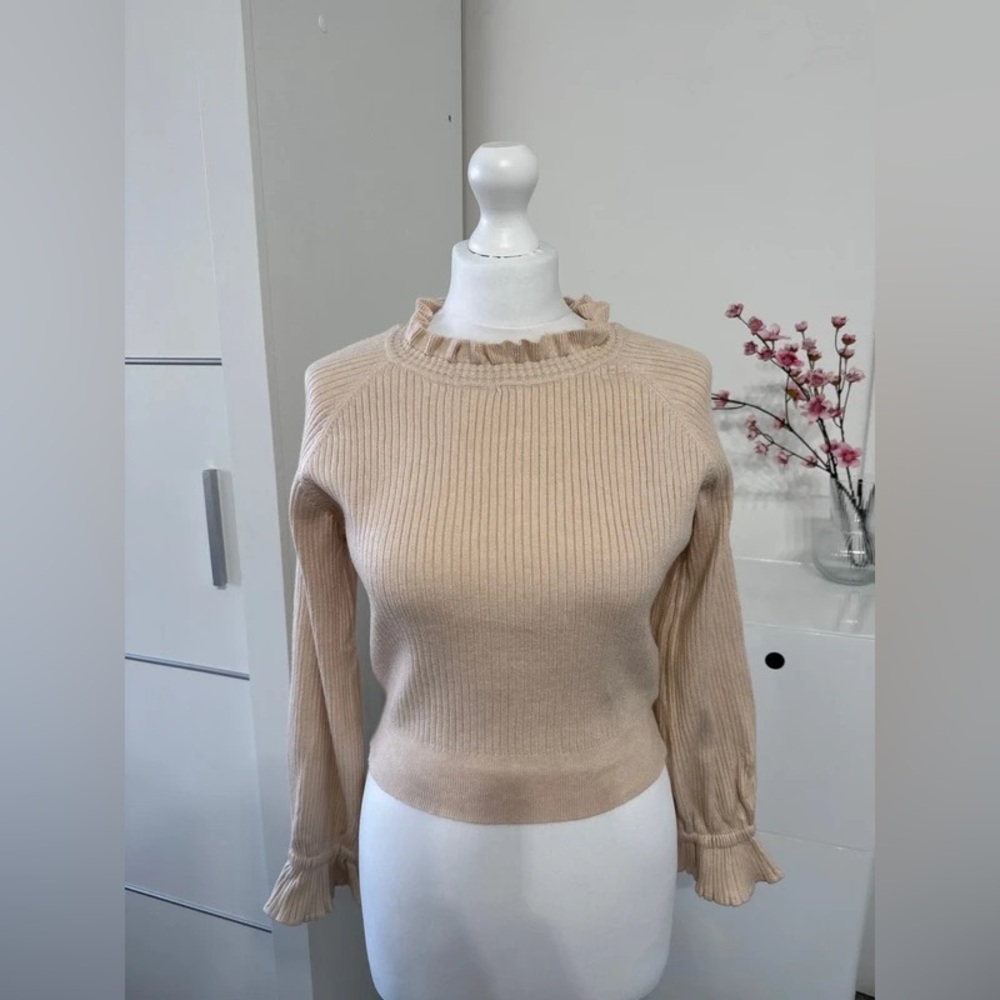 Beige Ruffle Trim Sweater